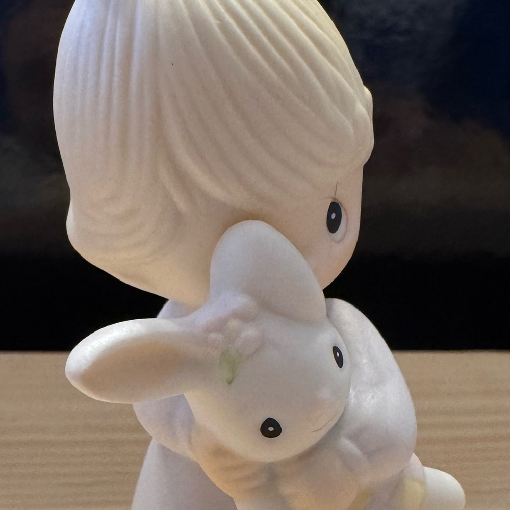 Precious Moments Cream Figurine Boy Hugging White Bunny Mini